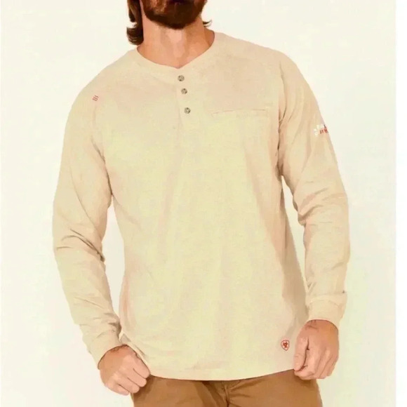 Ariat fire resistant air henley long sleeve pullover work‎ shirt tan mens small - Picture 1 of 6